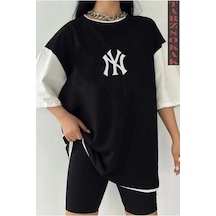 Tarzsokak Siyah Oversize Çift Renk Ny Yank Sesi Yazı Baskılı Unisex Tshirt Beyaz