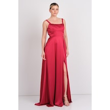 Doridorca Kadın Kare Yaka Sırt Detaylı Maxi Boy Saten Abiye Elbise 7089 Bordo Bordo