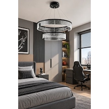 Modern Premium Cam Led Sarkıt Avize Siyah Çift Halkalı Dekoratif Salon Avizesi 48w