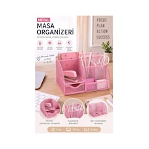 Pembe Masaüstü Metal Kalemlik Seti 7 Bölmeli Fileli Masa Üstü Düzenleyici Küp Notluk Ataşlık Çekmeceli Perfore Büro Açık Pembe