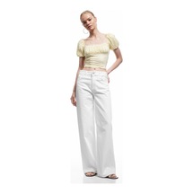 Koton Dantel Detaylı Kısa Kollu Slim Fit Dokulu Kayık Yaka Pötikareli Bluz Sarı Desenli 5sal60172ıw