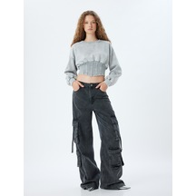 Koton Crop Sweat Korse Detaylı Bisiklet Yaka Yıkamalı Slim Fit Gri 5wal10177ık Gri