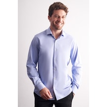 İmza Mavi Yarım İtalyan Yaka Uzun Kol Premium Slim Fit %100 Pamuk Gömlek 1004255194 Mavi