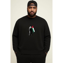 Benroma 3 İplik Penye Filistin Baskılı Büyük Beden Unisex Sweatshırt Siyah