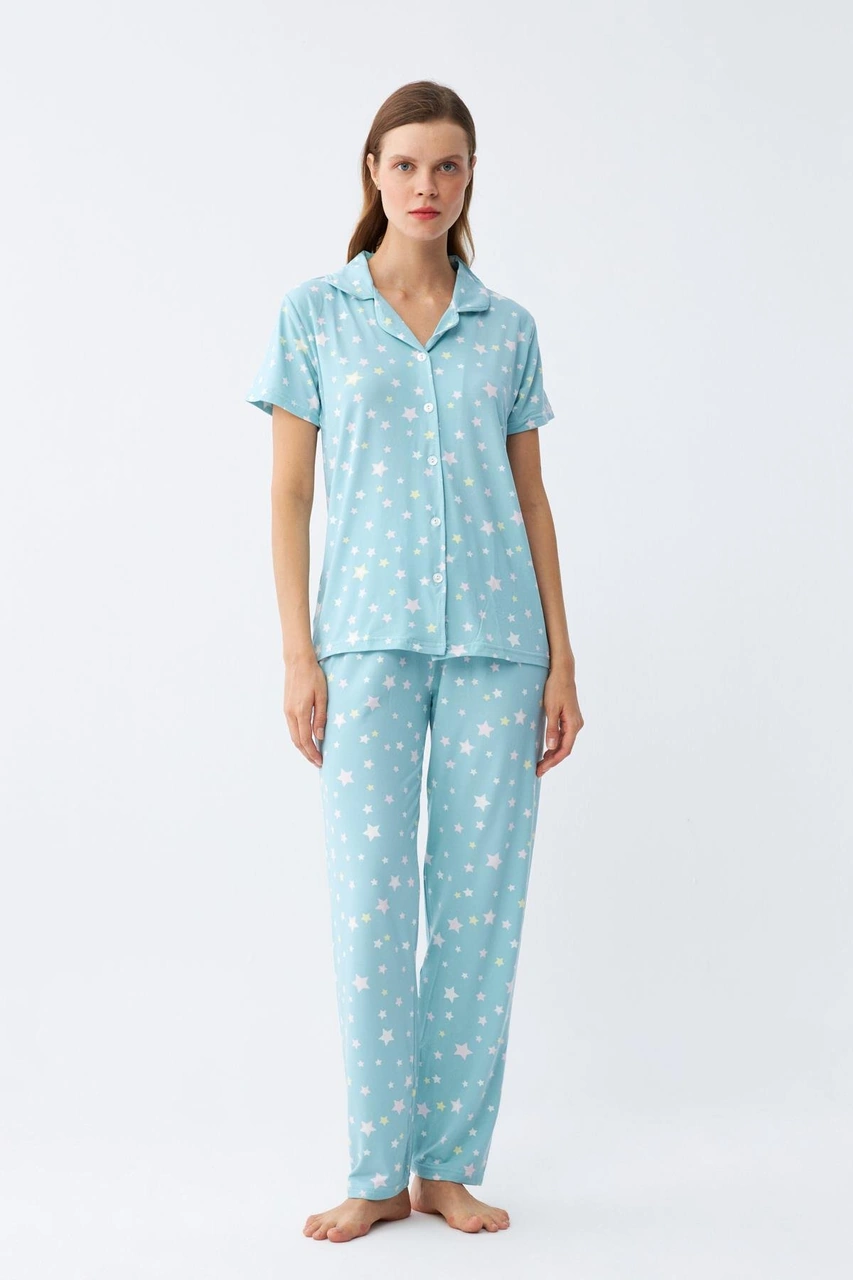 Akbeniz Kadın Buz Mavisi Yıldız Desenli Önden Düğmeli Pijama Takımı Buz Mavisi