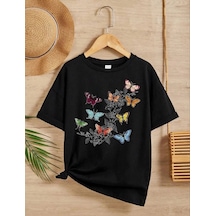 Barlashive Kız Çocuk Bisiklet Yaka Baskılı T-shirt - Siyah Çok Renkli