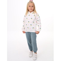 Toontoy Kids Toontoy Kız Çocuk Kapüşonlu Komple Lale Baskılı Eşofman Takım Koyu Mavi