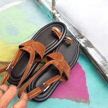 Ne&ve Shoes Taba Hakiki Süet Bilekten Bantlı Tokalı Parmak Arası Kadın Rahat Sandalet