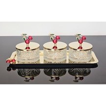 Atabey Home Collection 3'lü Kirazli Gold Tepsili Kase Seti & Şekerlik & Sunumluk & Çerezlik