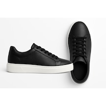 Growish Gre0065-12 Hakiki Floter Deri Yüksek Beyaz Eva Taban Koku Yapmaz Siyah Sneakers Ayakkabı Siyah
