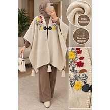 Genel Markalar Novea Scarf Renkli Nakış İşlemeli Triko Panço Krem - 942434618 Krem