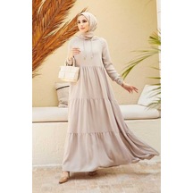 Neways 6531-Krep Kapüşonlu Reglan Kollu Elbise Taş