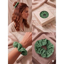 Bürümcük Dokulu Kumaş Hacimli Scrunchie Lastik Toka Farklı Renk Seçenekli Yeşil