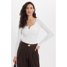 Tudors Kadın Slim Fit Dar Kesim Pamuklu Uzun Kollu V Yaka Ekru Tişört Bluz-50674