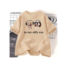 Flood Of Style Kedi Köpek Sevgilisi Tshirt Rahat Pamuk Kısa Kollu Tişört Haki