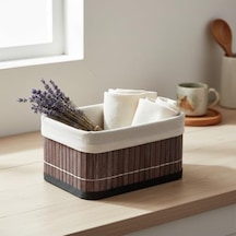 Deconox Mini Dikdörtgen Bambu Düzenleyici Ve Saklama Sepeti Gri Ahşap Banyo, Makyaj Ve Ofis Organizeri, Kumaş Astarlı Dekoratif Kutu 20x15x10 Cm