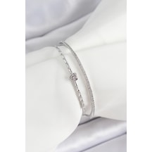 Pirinç Gümüş Renk Zirkon Taşlı Kalp Detaylı Kadın Bileklik Renkli