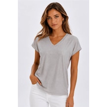 Fashion Friends V Yaka Simli Gri Kadın Bluz 26y0291k1