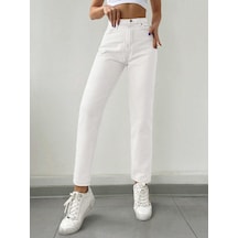 Kadın Mom Fit Jeans Kot Pantolon Beyaz Beyaz