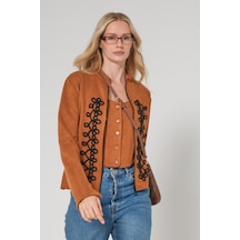 Mayrem Nakış İşleme Detaylı Slim Fit Fermuarlı Kadın Süet Ceket Taba