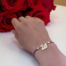 Archin F Harfine Özel Mor İpek Örgülü Kuğu Kuşu Figürlü 14 Ayar Altın Plakalı Hediye Bileklik-605harf F