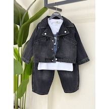 Kokoş Bebe Erkek Çocuk Kot Ceketli 3 Lü Takım Baskılı Tişört Bol Paça Pantolon - 4/12 Yaş - 31948 Siyah