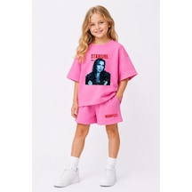 Fasardi Manifest Girls Mina Baskılı Oversize %100 Pamuk Tişört Şort 2li Çocuk Takım Pembe