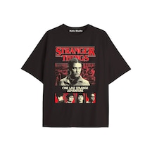Stranger Things Baskılı Oversize Ünisex T-shirt Siyah Metalik