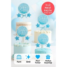 Happy B-day Mavi Simli Pasta Süsü 3 Lü Set Yıldızlı Şeffaf Jel Tasarım Doğum Günü Dekoru