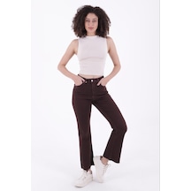 Geniş Paça Yüksek Belli Paçaları Dikişsiz Detaylı Esnek Mom Fit Kadın Kot Pantolon Kahverengi Denim Kahverengi