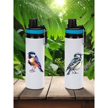 Kuş Baskılı 2'li Mavi Kulplu Matara Suluk 850 Ml Beyaz
