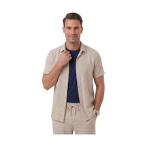 Deep Sea Deepsea Bej Slim Fit Çizgi Dokulu Keten Görünümlü Kısa Kol Erkek Spor Gömlek 2602648