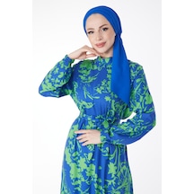Düz Hakim Yaka Kadın Mavi Kuşaklı Desenli Elbise - 24861 001