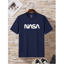 Nasa T-shirt - Lacivert Baskılı Oversize Bisiklet Yaka Kısa Kol Tişört Lacivert