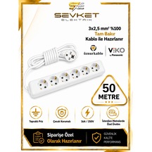 Viko 6'lı Grup Priz 50 Metre Beyaz 3x2,5 Mm Kalın Kablolu Uzatma Kablosu 50 M