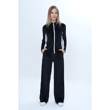 Toontoy Kids Toontoy Kız Çocuk 2'li Takım Fermuarlı Kapüşonlu Cepli Sweatshirt & Beli Lastikli Bol Paça Cepli Eşofman Altı - Garni Detaylı & Kadife Siyah