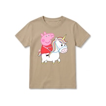 Urbantrendstore Peppa Pig Temalı Unisex Kız Çocuk Erkek Çocuk Bisiklet Yuvarlak Yaka Basic Kısa Kollu %100 Pamuk Tişört Bej