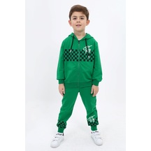 Toontoy Kids Toontoy Erkek Çocuk 2'li Takım Baskılı Kapüşonlu Fermuarlı Sweatshirt & Beli Paçası Lastikli Jogger Eşofman Altı - 2 İplik Çimen Yeşili