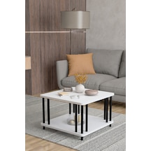 Modern Kare Orta Sehpa Çift Katlı Siyah Metal Ayaklı Salon, Ofis, Dekoratif Masa Beyaz