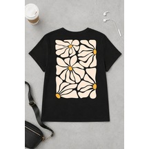 Spoyi Yaz Çiçeği Tasarımlı %100 Pamuk Yarım Oversize Siyah T-shirt