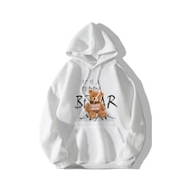 Altamira Unisex Beyaz Bear Ayı Baskılı Oversize Kapşonlu Sweatshirt 001