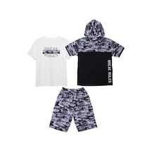 Fyk Kids Erkek Çocuk 3'lü Kamuflaj Desenli Kapri-baskılı Tişört- Kamuflaj Desenli Sweatshirt Alt Üst Takım Gri