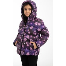 Spor Kız Çocukçiçek Desen Polar Su Ve Rüzgar Geçirmez Kapüşonlu Şişme Mont-95 Mor