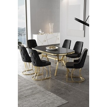 Canisa Epal Serisi 90x168 Lak Panel Siyah Mermer Desen Masa Takımı Gold Ayaklı 6 Siyah Sandalye Masa Siyah Mermer Desen Sandalye Siyah