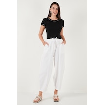 Lela Pamuklu Relaxed Fit Normal Bel Daralan Paça Bayan Pantolon 668Yp5198 Beyaz