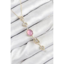 Pirinç Zincir Pembe Gold Renk Zirkon Taşlı Y Kolye Altın - Beyaz