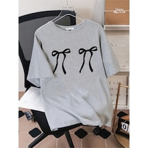 Siyah Kurdela Baskılı Süprem Gri T-shirt - Oversize Bisiklet Yaka Kısa Kol Tişört Gri