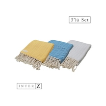 3'lü Set Peştemal Plaj Havlusu , %100 Pamuk , Xxl 100x180cm, Marmaris, Sarı-gri-mavi