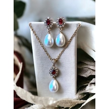 Yakut Kırmızı Oval Kristal Taşlı Mayorka İnci Kolye Ve Mayorka İnci Küpe Seti Beyaz
