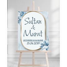 Söz Nişan Düğün İçin 50x70 Karşılama Panosu - Mavi Çiçek Tasarımlı 002 Beyaz